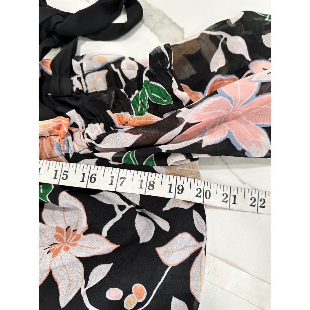 Loft Floral Off The Shoulder Tie Strap Blouse Pink Black Chiffon Ruffle Top M - Picture 5 of 6